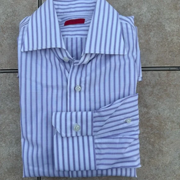 Isaia Lavender Striped Dress Shirt - Picture 12 of 13